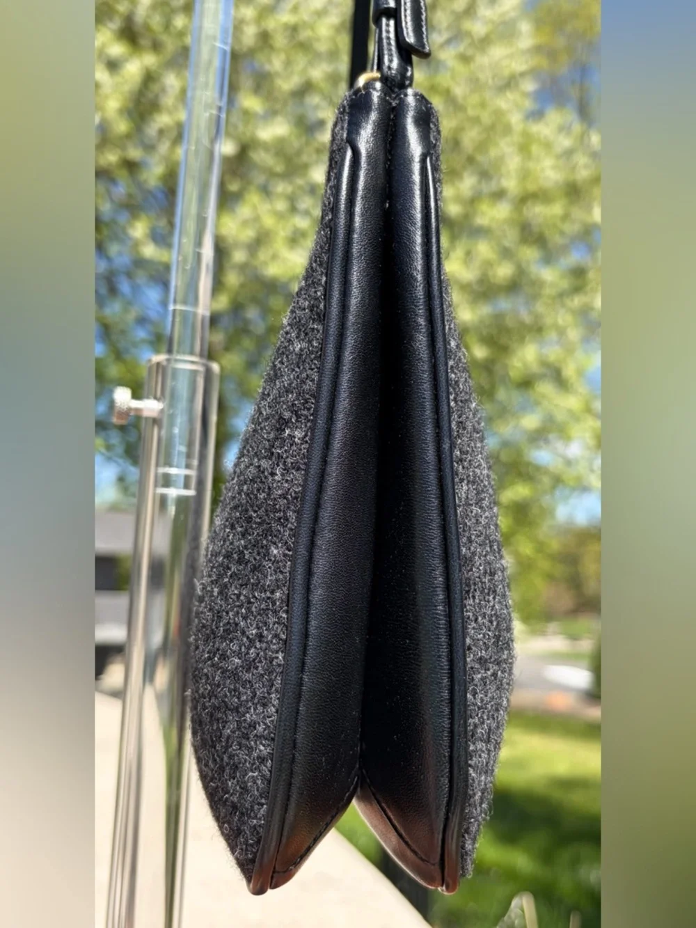 Vintage COACH Wool Hobo Small Charcoal Grey Black Leather 8308 EUC_12
